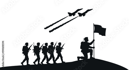 Soldiers Marching with Flag and Jets Flying Overhead - Military Victory Concept