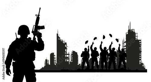 Soldiers Celebrate Victory in Ruined City Silhouette