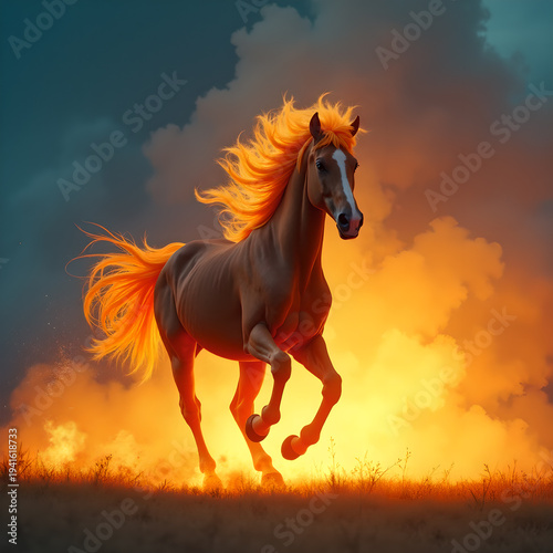 Horse on Fire with Flaming Mane Dramatic. Generative ai.