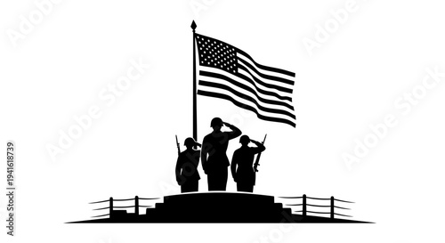 Veterans Day Silhouette: Soldiers Salute American Flag on Steps