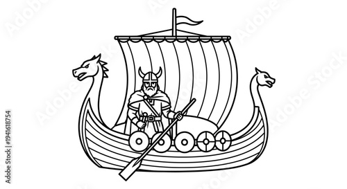 Viking Ship with Warrior and Oar, Dragon Head Prow, Stylized Line Art