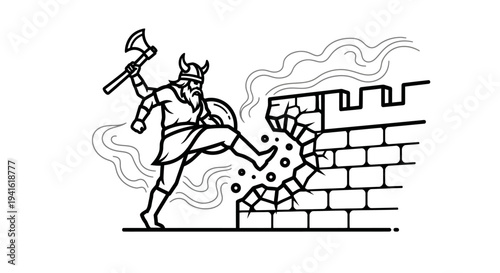 Viking Warrior Breaching Castle Wall with Axe, Symbolizing Conquest and Destruction