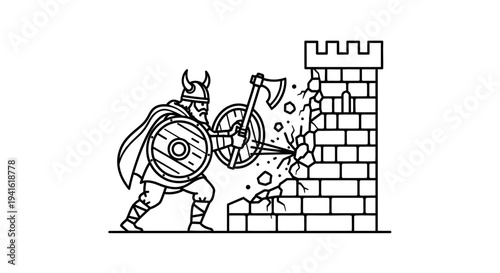 Viking Warrior Attacking Castle Wall with Axe and Shield, Historical Battle Scene