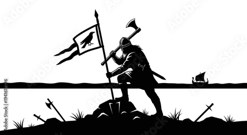 Viking warrior with raven flag on rocky shore, battle axes, and longship in distance