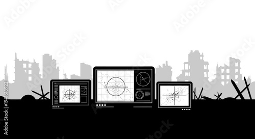 War Room Technology: Radar Screens in Ruined Cityscape