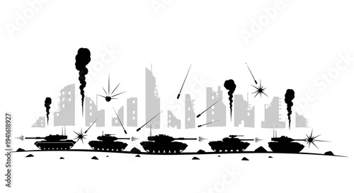 Warfare Cityscape: Tanks Attack Destroyed Urban Skyline with Explosions and Smoke