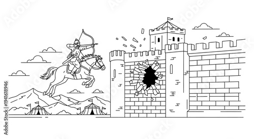 Warrior Archer on Horseback Breaches Castle Wall with Arrow, Siege Scene