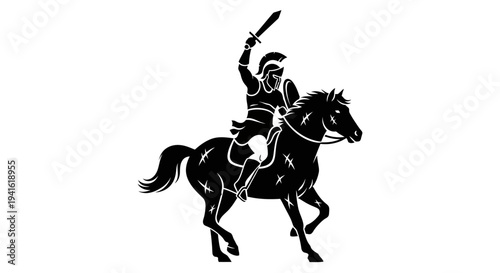 Warrior on Horseback with Sword Raised, Silhouette of Ancient Rider in Battle Pose, Dynamic Action