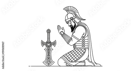 Warrior Praying Kneeling Beside Sword, Ancient Warrior, Faith, Strength, Battle