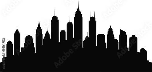 Detailed city silhouette featuring multiple high rise towers and architectural landmarks in black