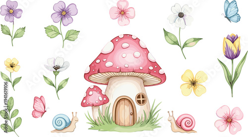 Cute mushroom house vector set with red toadstool home colorful spring flowers butterflies and snails for whimsical fairy garden nursery wall art.