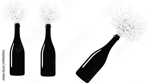 Champagne bottle silhouettes with popping corks and effervescent sprays, festive celebration icons for party, holiday, wedding, and special occasion design