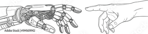 Detailed line drawing of a robotic hand reaching towards a human hand for artificial intelligence and future technology cooperation designs,