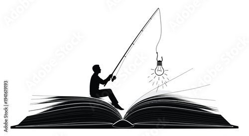 Man fishing ideas from giant open book