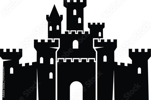 Castle silhouette medieval fortress with towers and battlements emblem
