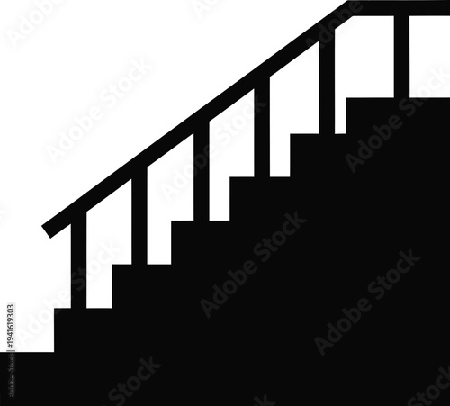 Stairs silhouette with handrail, simple black steps icon for design elements and navigation