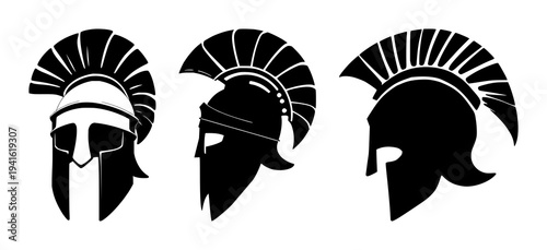 Roman centurion helmet set with solid black silhouette design featuring ancient warrior, military equipment, historical armor with sharp crest and white background