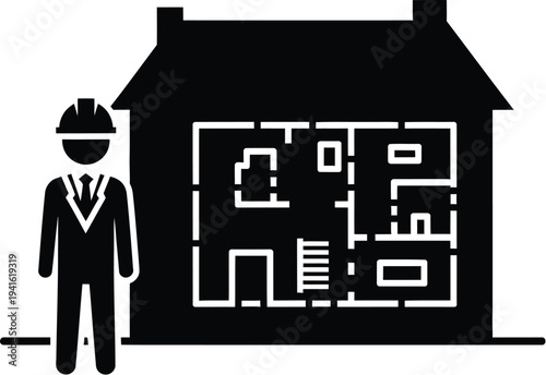 Architect with blueprint house plan, construction worker with building layout design