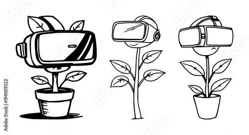 Plant set with doodle illustration of a plant wearing a VR headset, thick lines, white background featuring plant, VR headset, digital nature with quirky and illustration