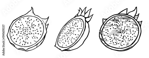 Dragon fruit slice set with digital glitch effect featuring surrealism, abstract art, sharp lines with 2026 aesthetics and white background