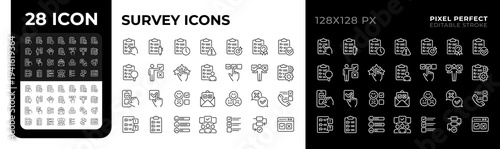 Survey pixel perfect black and white line icons set. Performance review, quality control. User feedback. Business management. Outline iconset. Isolated monochrome illustrations. Editable stroke