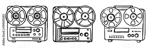 Tape recorder set with vintage aesthetic and doodle style featuring reel-to-reel, audio equipment, retro with thick lines and music