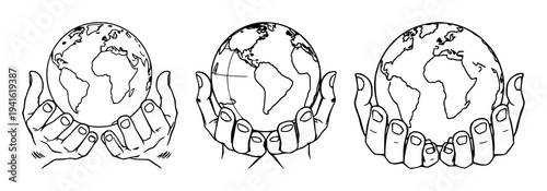 Hands set with continuous line art depicting a holographic globe featuring global connectivity, minimalist design, universal communication with technology and networking