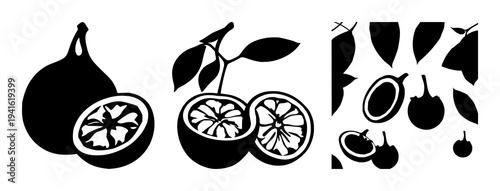 Passion fruit set with solid black silhouette of a whole passion fruit beside a passion fruit half on white background featuring exotic, botanical, fruit with silhouette and black