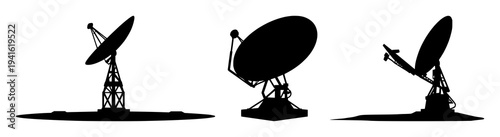 Satellite Dish set with precision solid black silhouette featuring global telecommunications, data transfer, and future technology with network and communications