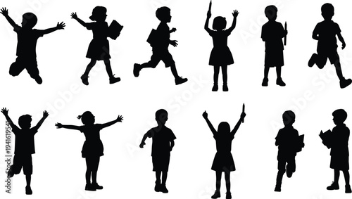 Children silhouettes with school supplies set, happy kids jumping running holding books and pencils, childhood education activity isolated black vector illustration