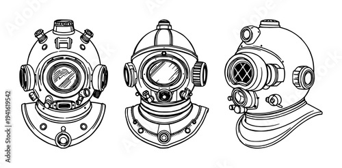 Vintage diving helmet set with ornate Victorian line drawing accented by modern tech sensor overlays on a white background featuring diving gear, antique, technology with line art and minimalist