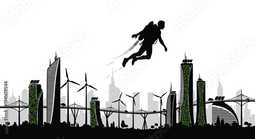 Superhero flying over eco green city concept