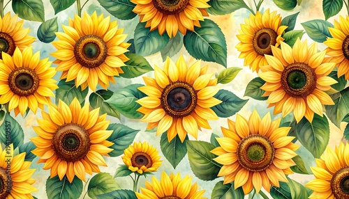 Cheerful sunflower pattern sunny yellow blossoms with green leaves, watercolor effect, natural, vibrant, and bright