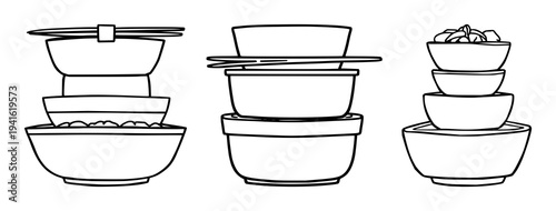 Bento box set with minimalist line art illustration featuring Japanese lunch, food container, packed meal with stacked compartments and simple design