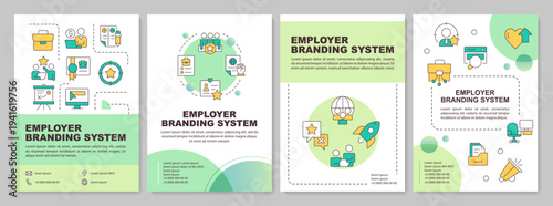Employer branding system green circle brochure layout. Corporate reputation. Leaflet advertising design with color line icons. Editable 4 pages. Arial-Bold, Myriad Pro-Regular fonts used