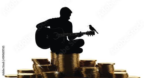 Musician sitting on coins success music concept