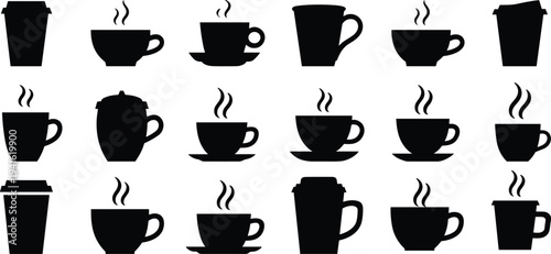 Coffee cup silhouettes collection, hot beverage mugs takeaway cups and steaming cafe drinks icons set isolated black vector illustration