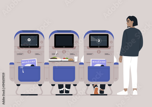 Three airplane seats showcase passengers engaged with in-flight services, featuring entertainment screens, meals, and a nearby attendant ready to assist for a comfortable journey.
