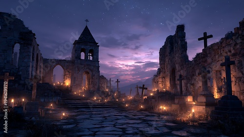 Ancient ruins under a starry night sky with a towering church in the distance