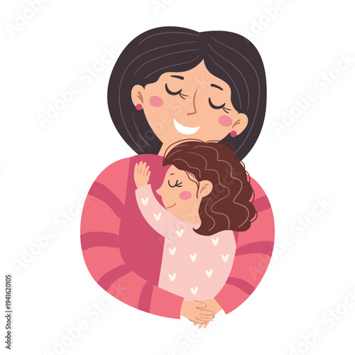 A happy mother hugs her daughter. Illustration for Mother's Day, motherhood and childcare.