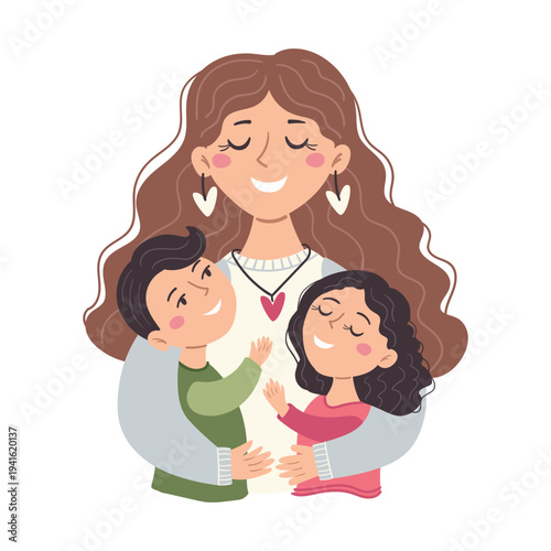 A happy mother hugs her daughter and son. Illustration for Mother's Day, motherhood and childcare.