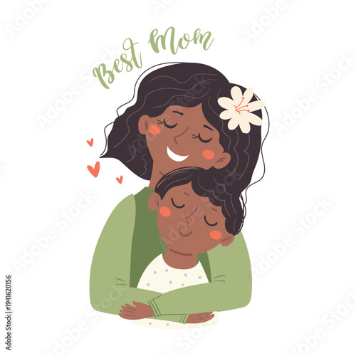 A happy African American mother hugs her son. Illustration for Mother's Day, motherhood and childcare.