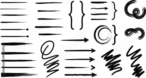 Vector line styles and shapes illustration with various brush strokes and arrows