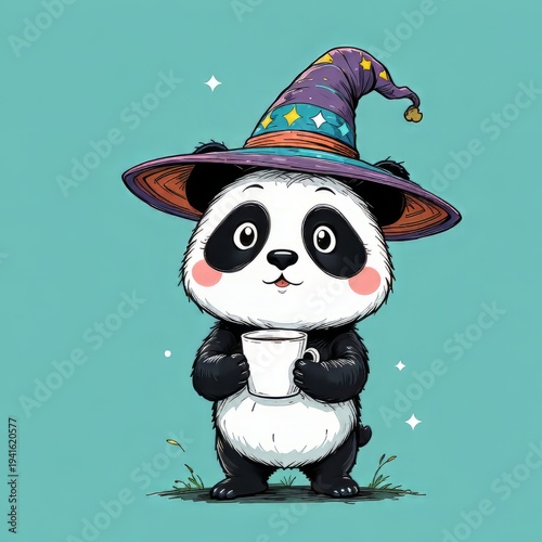 Whimsical Panda Wizard with Coffee: Hand-Drawn Style Illustration on Teal Background (Cute, Relaxed, Minimal)