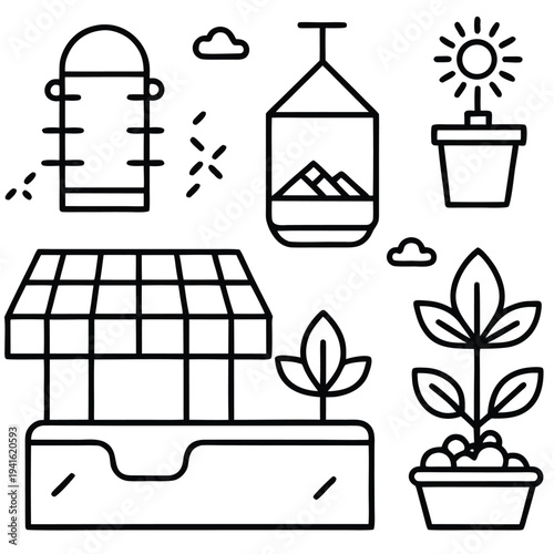 Abstract illustration featuring an assortment of essential gardening elements. The imagery showcases a bucket, a birdhouse, potted plants, a well, and blooming plants.