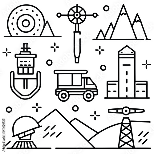Set of Vectorized Icons. Showcasing a collection of travel and landscape icons. Suitable for design and illustration projects. 