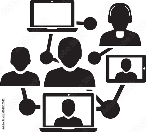 Black vector illustration of people video conferencing on laptops and tablet