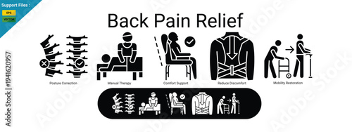 Back pain relief through posture correction, manual therapy, and comfort support. glyph icons vector illustration