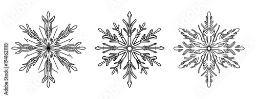 Snowflake circuit board set with symmetrical line art with circuit board traces and tech-winter theme featuring snowflake, circuit board, tech with sharp lines and isolated background