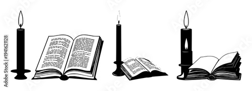 Candle and book set with high contrast black silhouette of a lit candle next to an open book on white background featuring study, wisdom, illumination with black and white and minimalist